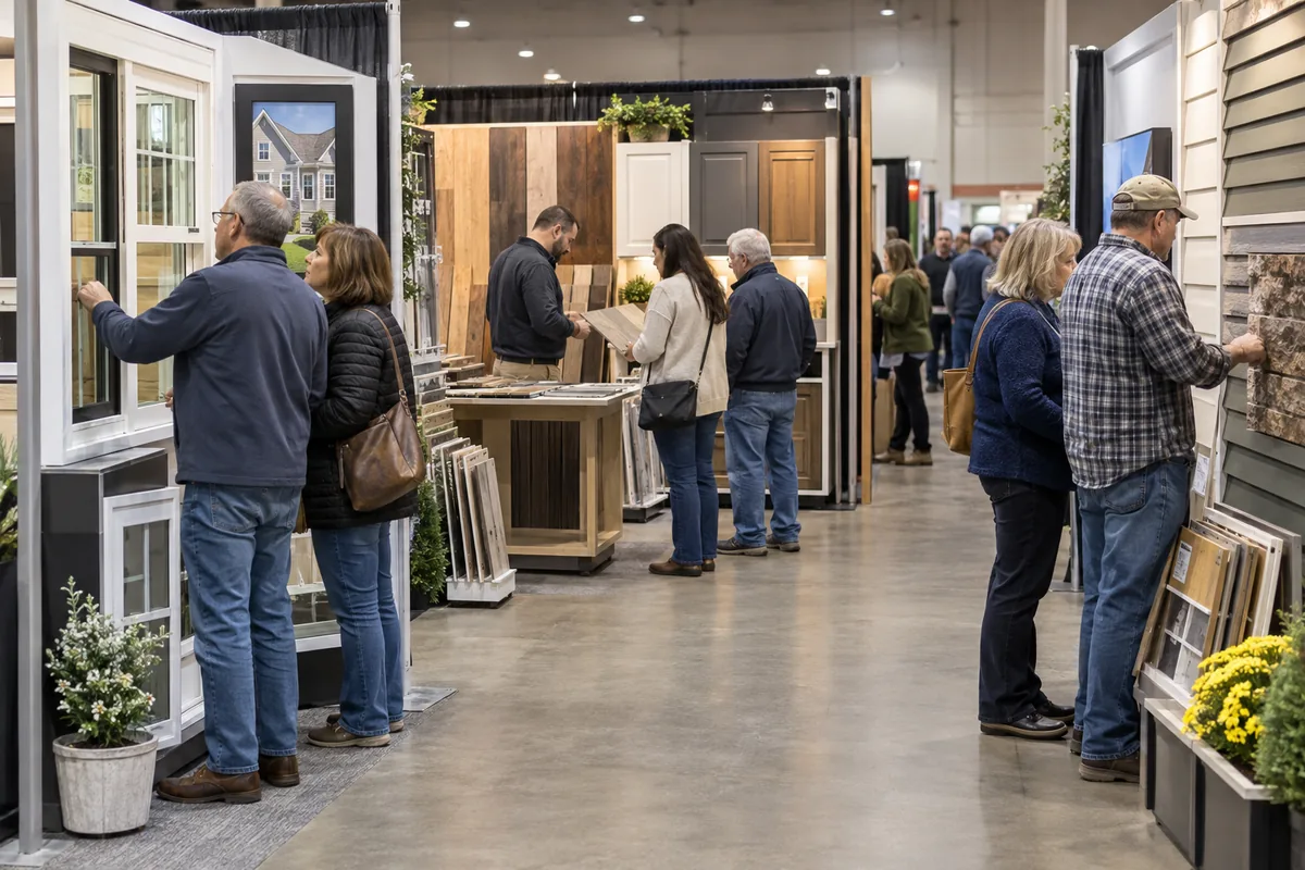 Homeowners comparing remodeling products at a local fall home show