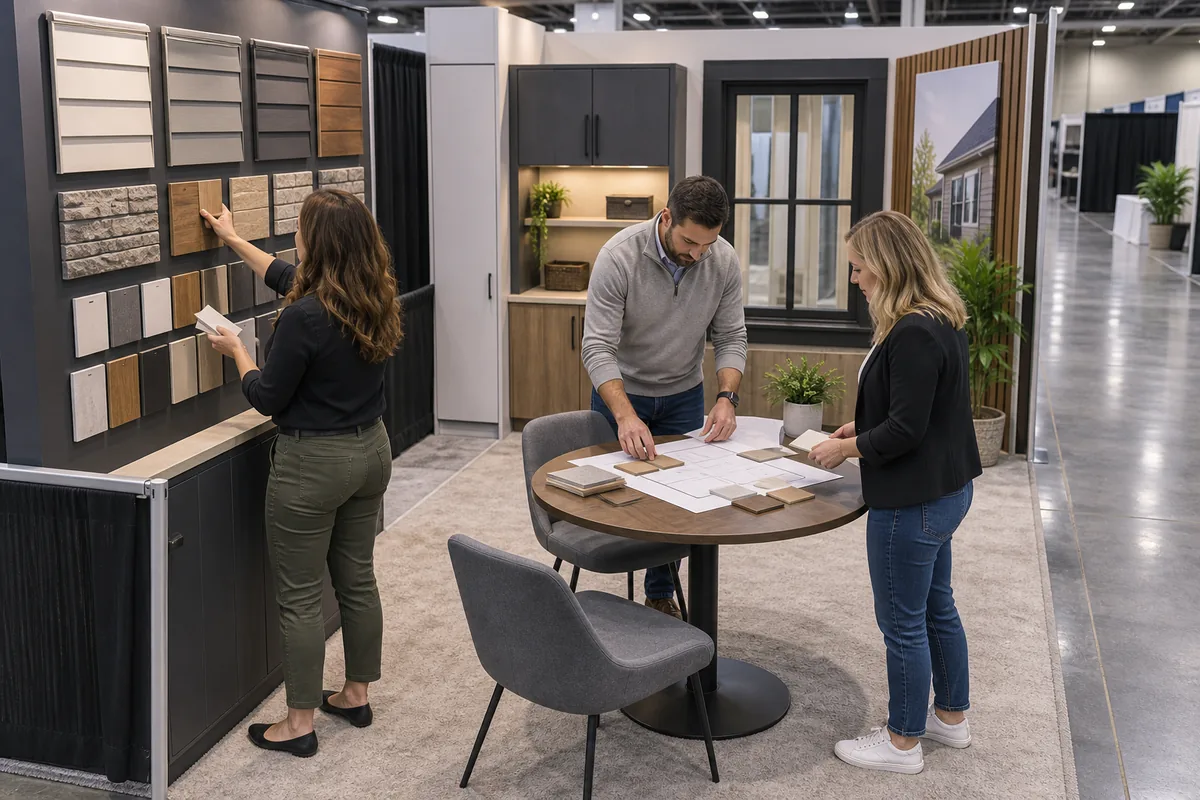 Exhibitor team planning samples, consultation space and storage for a home show booth