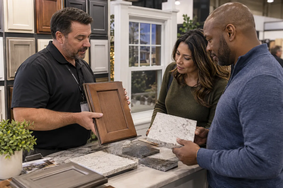 Sample-led remodeling consultation at a home improvement show booth