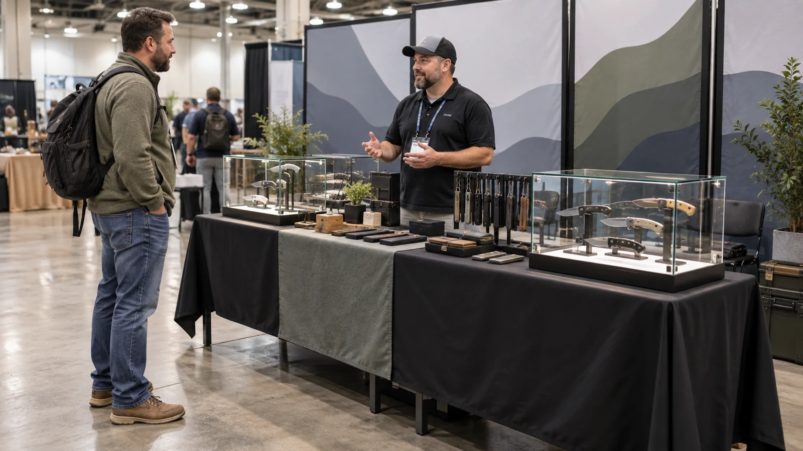 Illustrative tabletop gun and knife accessory display with secure cases and clear product zones