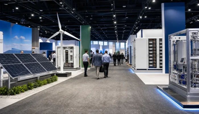 Wide renewable energy trade show floor with solar, wind, battery and grid technology displays