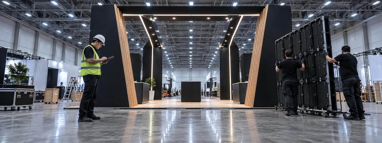 riverside convention center trade show booth planning team in a convention hall