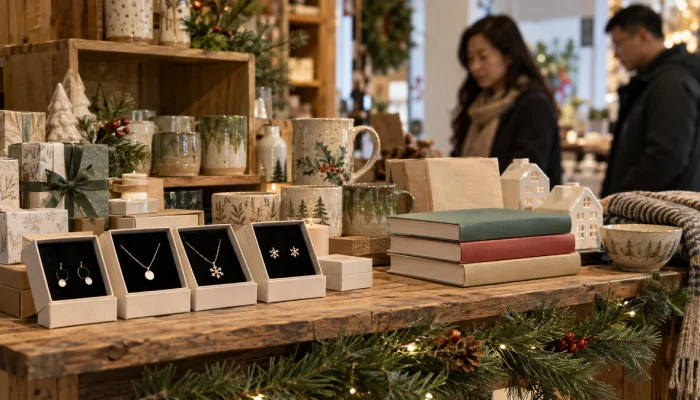Holiday gift stall with packaged jewelry, books and ceramic presents