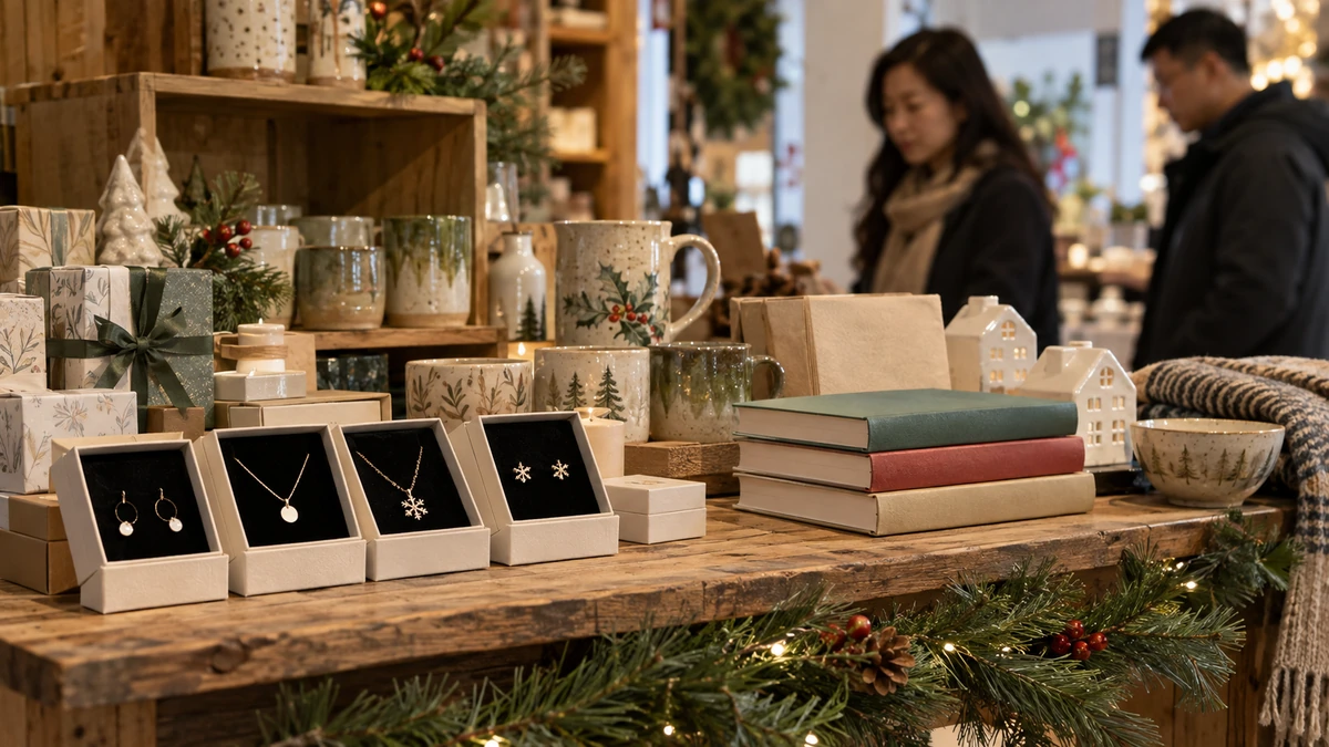 Holiday gift stall with packaged jewelry, books and ceramic presents