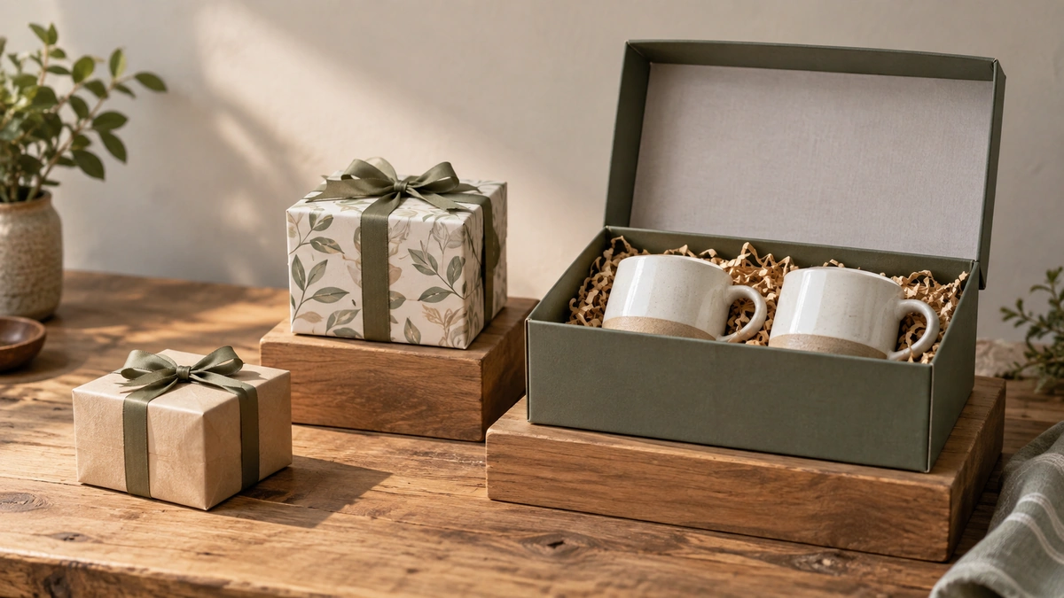 Different gift sets displayed together on a shop counter