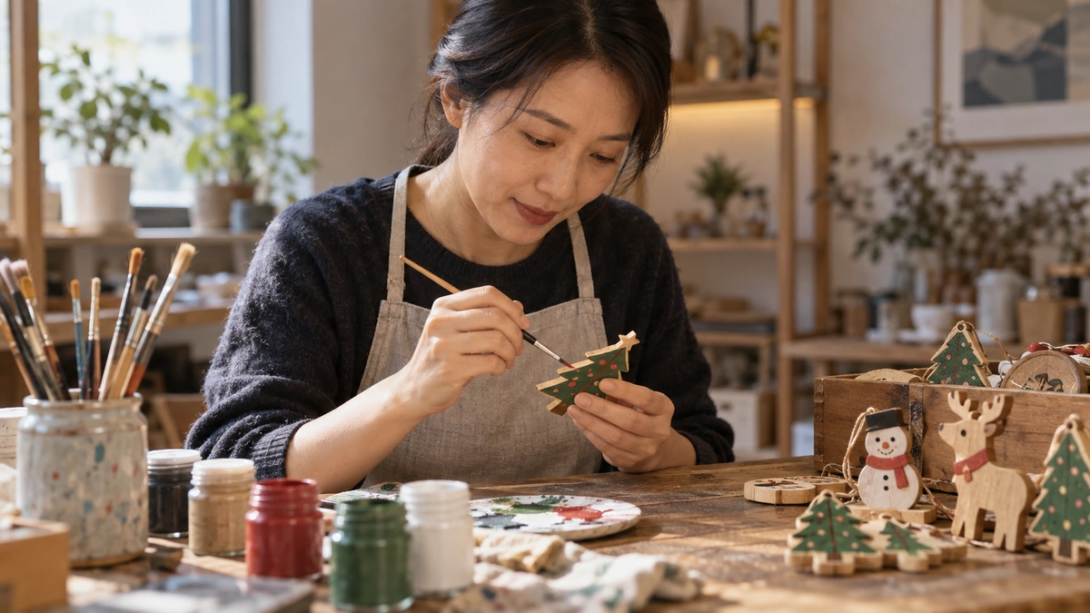 A maker painting a wooden ornament beside finished pieces
