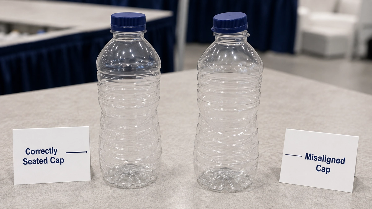 Illustrative bottle samples with labels comparing a correctly seated cap and a misaligned cap.