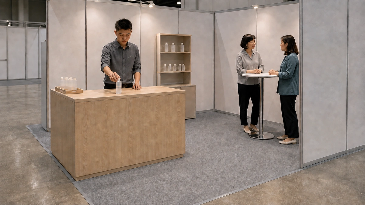 Illustrative booth layout with a sample reset counter, spare bottles and a separate conversation table.