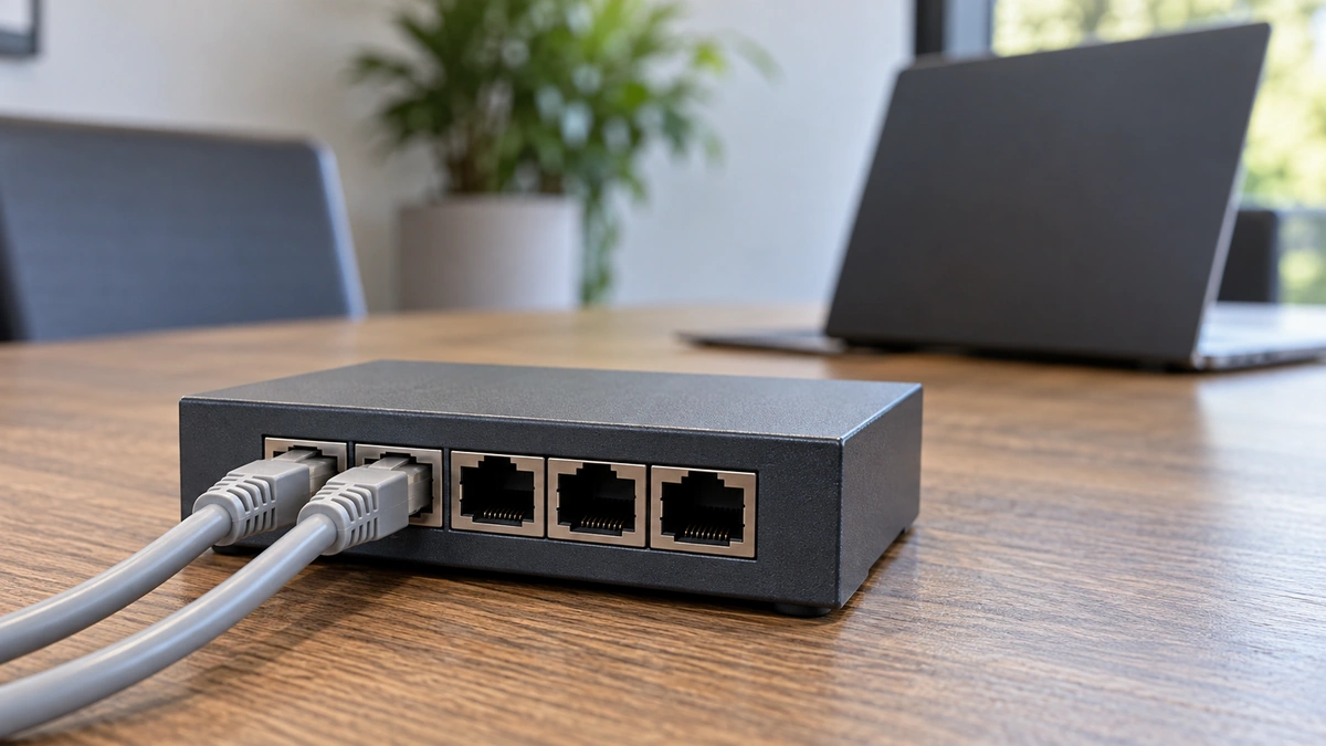 Network switch and connected cables on a demonstration bench