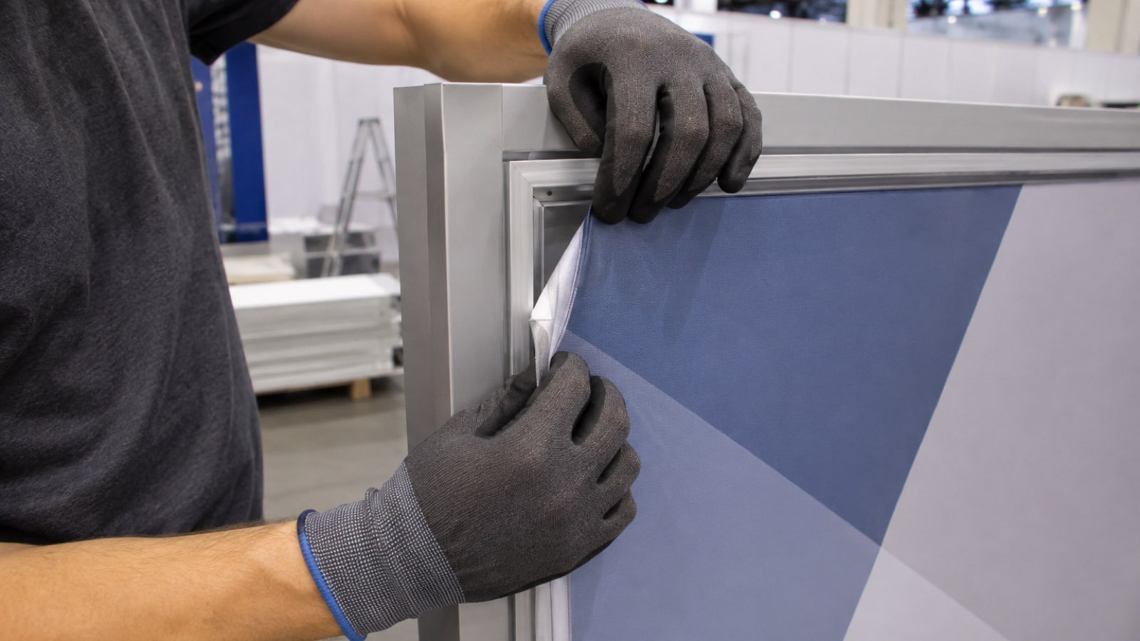 Installer fitting a SEG fabric graphic into a modular exhibit frame