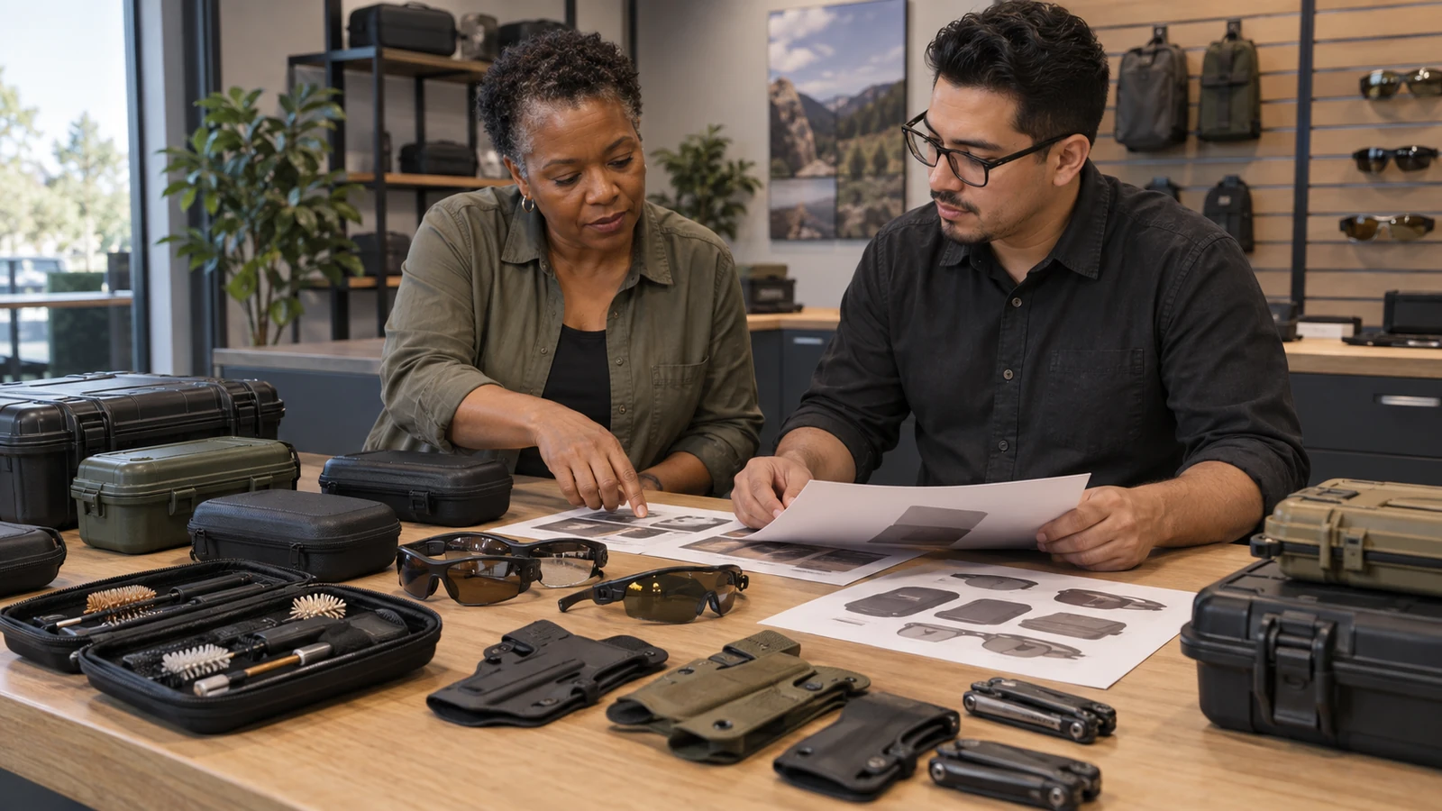 Two staff reviewing optics, holsters, cases, and cleaning accessories for a table display