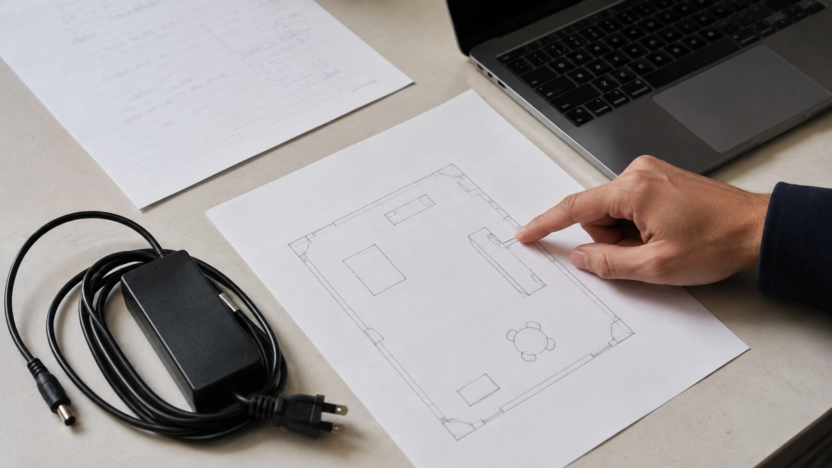 Illustrative planning desk with a booth layout, equipment notes and a display power adapter