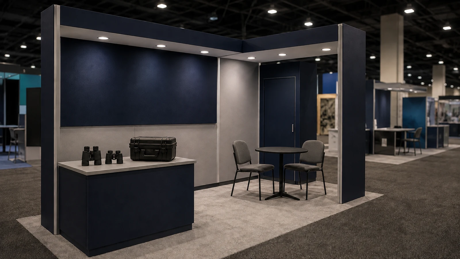 Illustrative outdoor-equipment exhibit with a product counter and an open visitor entrance
