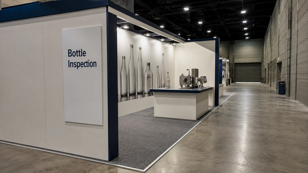 Illustrative side-facing Bottle Inspection panel attached flush to a small booth wall.