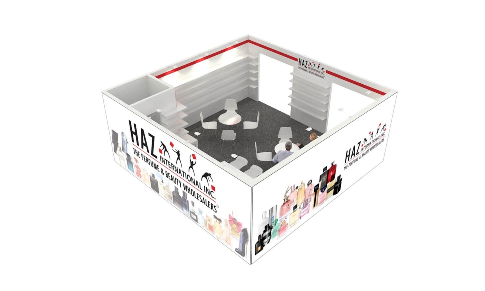 20 x 20 trade show booth design rendering with open aisle access