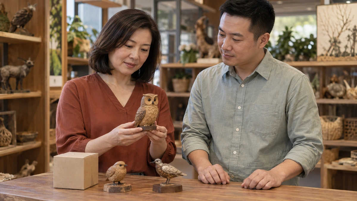 Retail buyers examining a nature-themed gift assortment