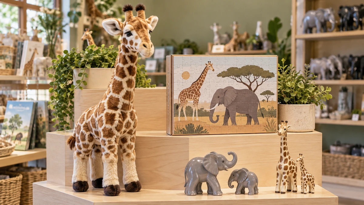 Wildlife-themed toys and keepsakes on a retail display