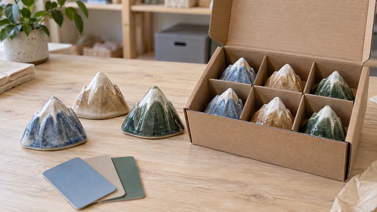 Souvenir samples beside a compartmented wholesale carton