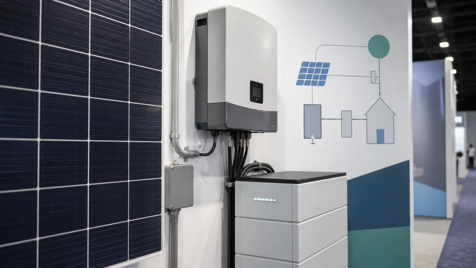 Solar and energy storage exhibition with panels, inverter and battery system display