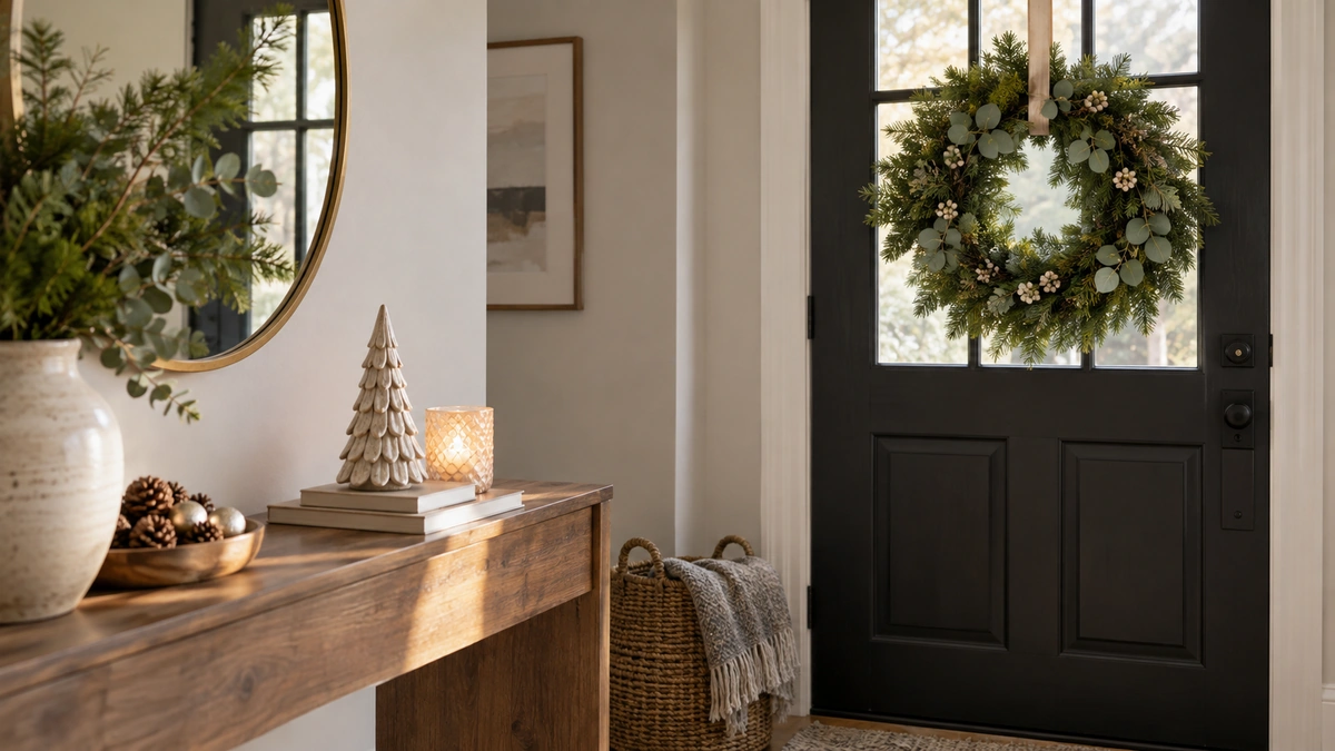 Wreath and tabletop decorations shown in a home setting