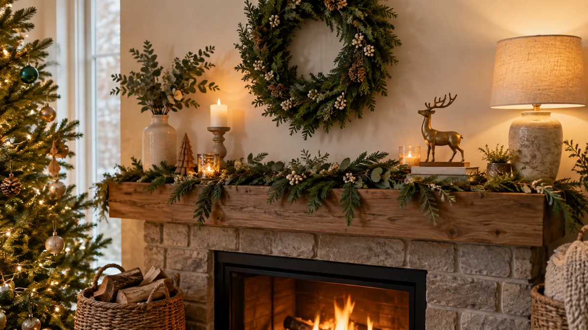 Seasonal home decorations arranged around a mantel