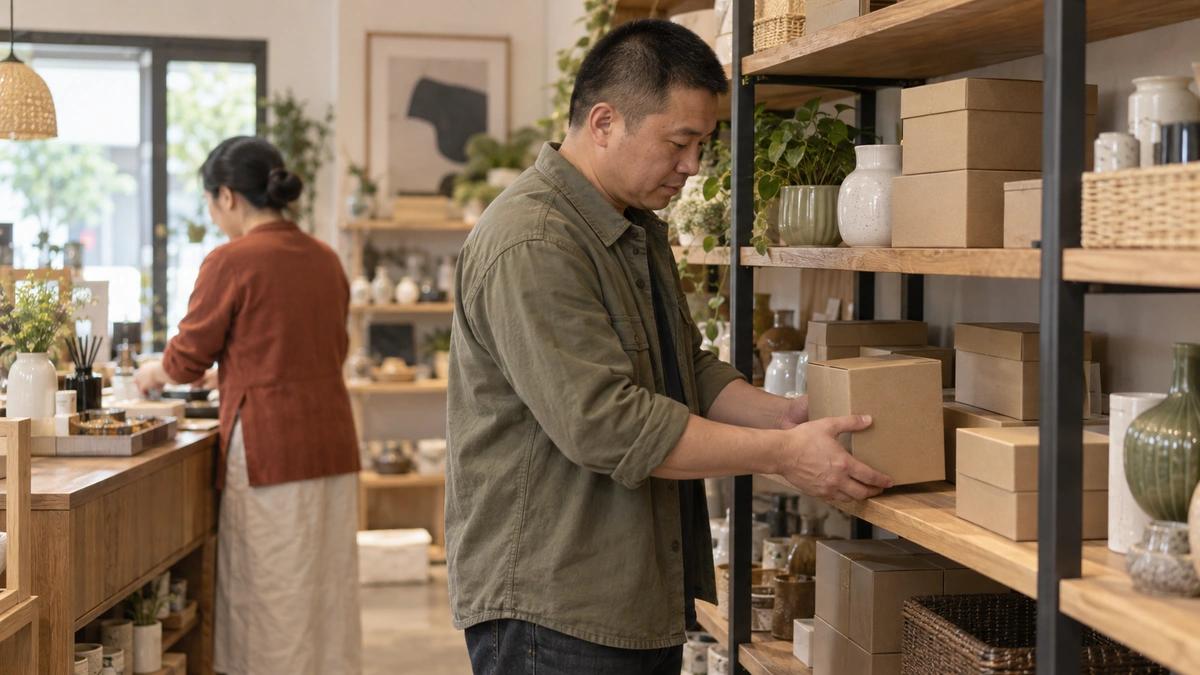 Retail staff replenishing gift stock behind a stall