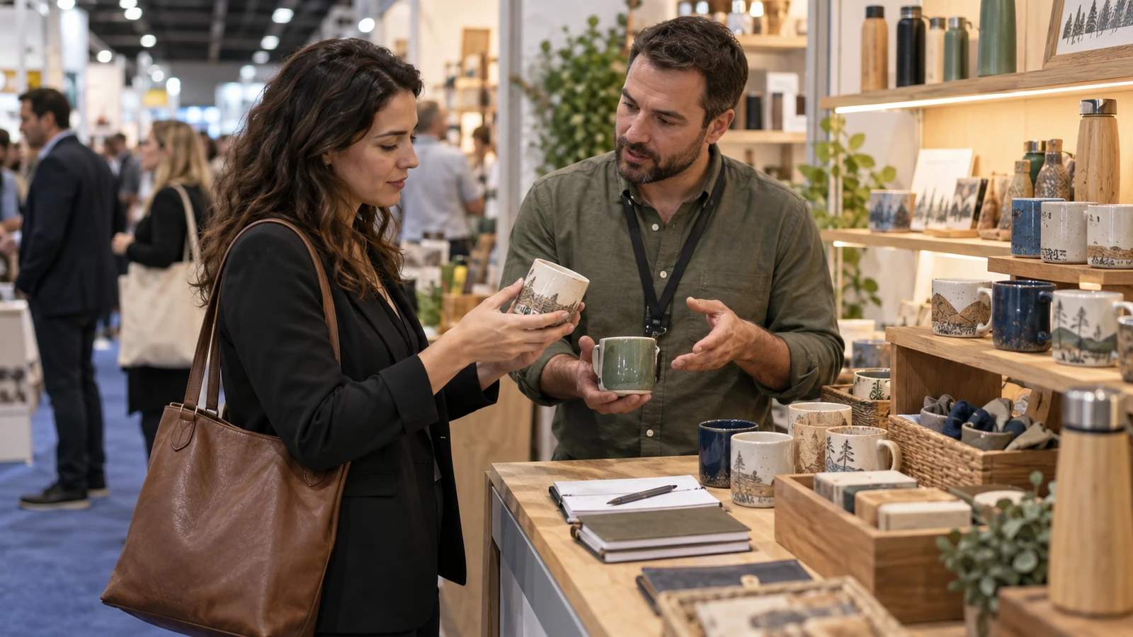 Wholesale buyer discussing customization and order terms at a souvenir merchandise booth