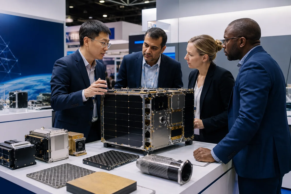 Space technology engineers discussing satellite components at an expo