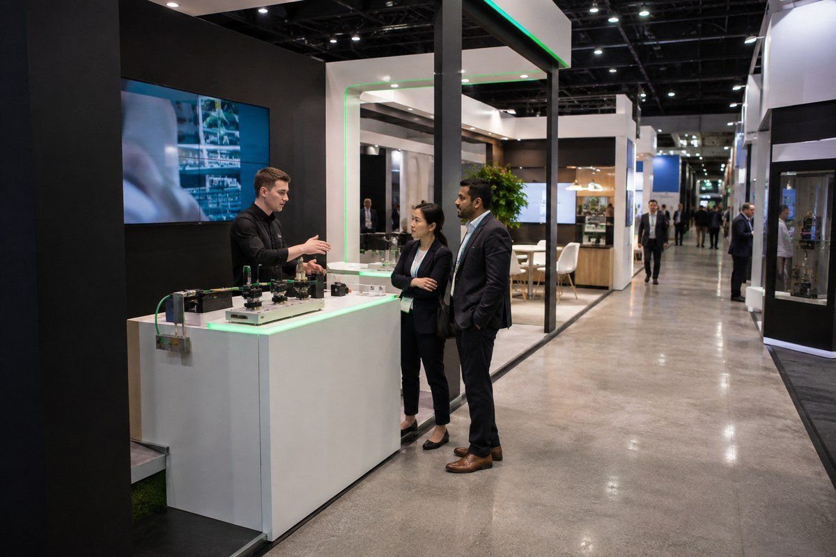 Open sustainable exhibition booth with product demonstration and clear visitor access