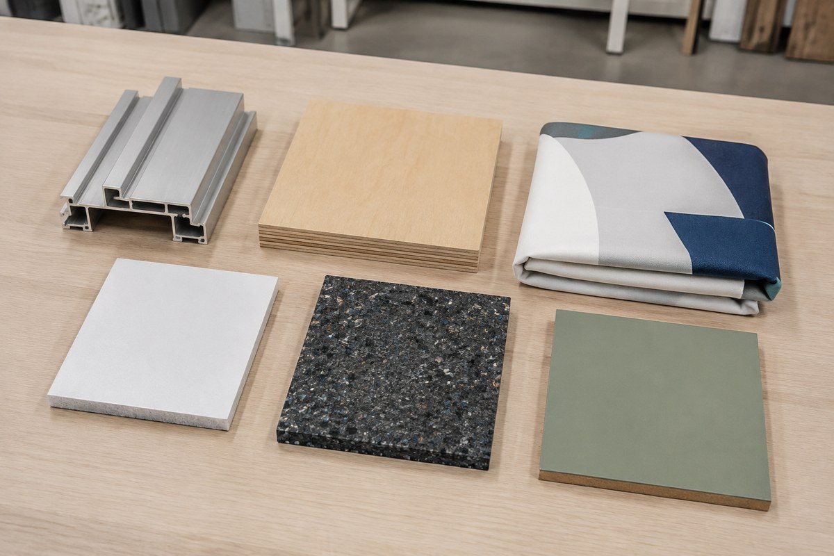 Exhibition booth material samples including aluminium, plywood, fabric, paper panel, and reusable flooring
