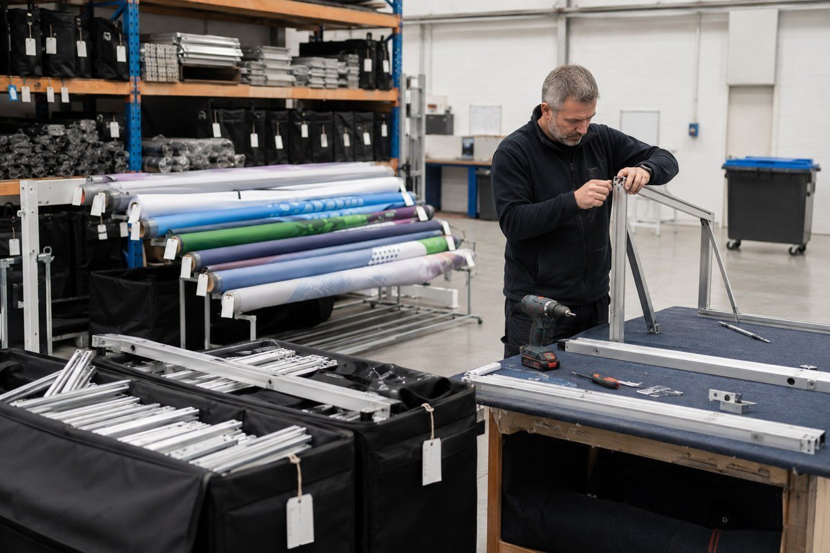 Booth components sorted for repair, storage, reuse, and verified recycling after a trade show