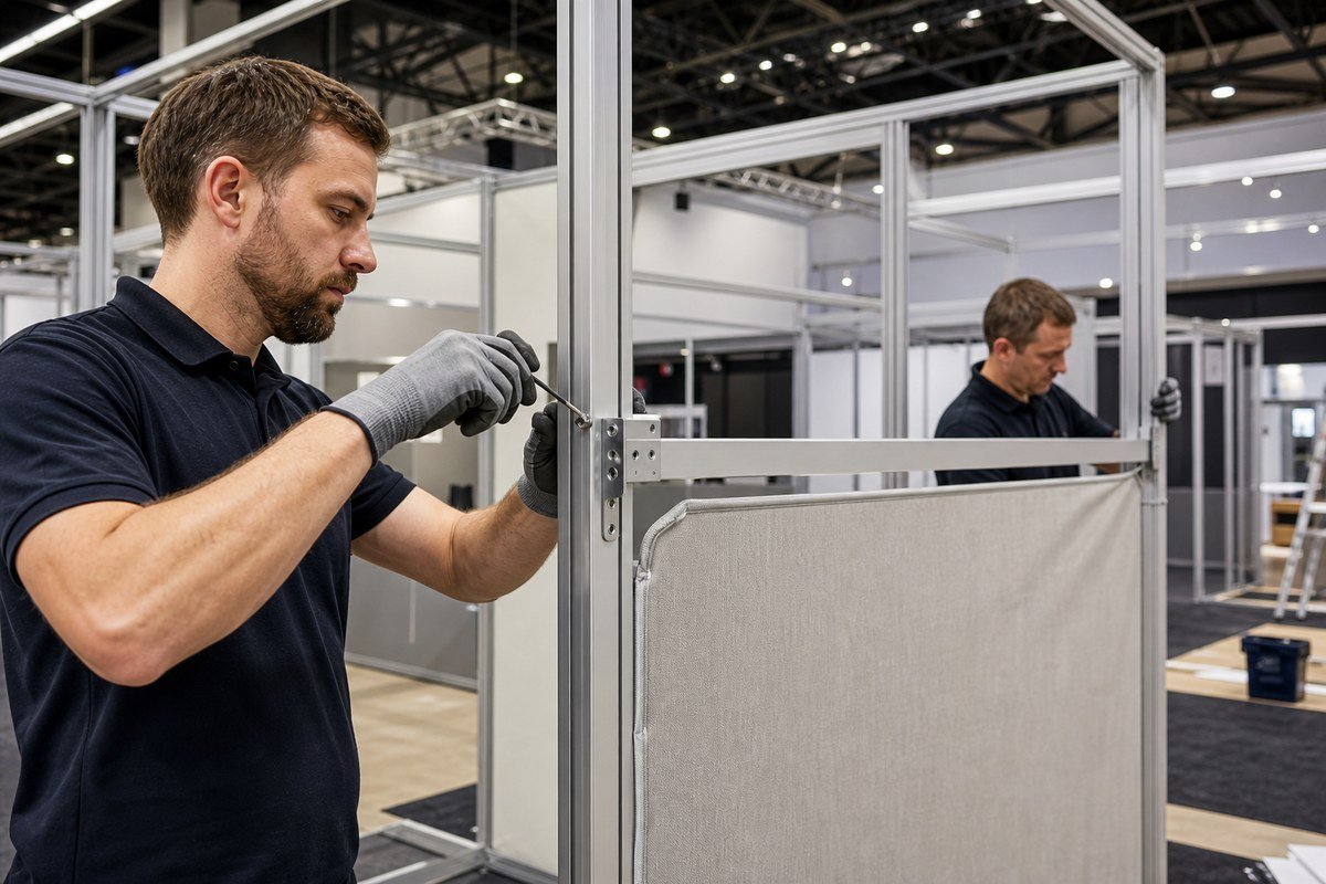 Demountable aluminium booth frame with replaceable graphic panel during assembly
