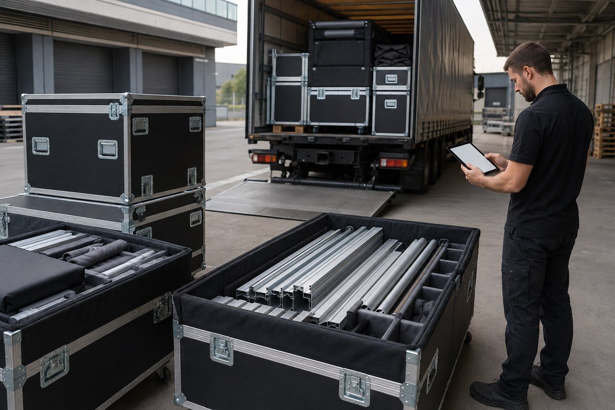 Reusable road cases and crates prepared for sustainable trade show booth freight