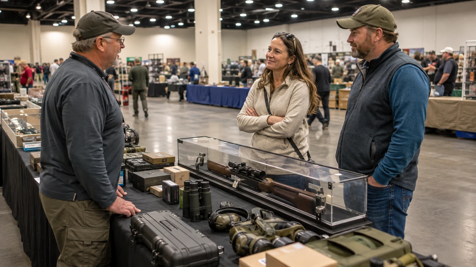 Adult visitors discussing products with a vendor at a public marketplace table
