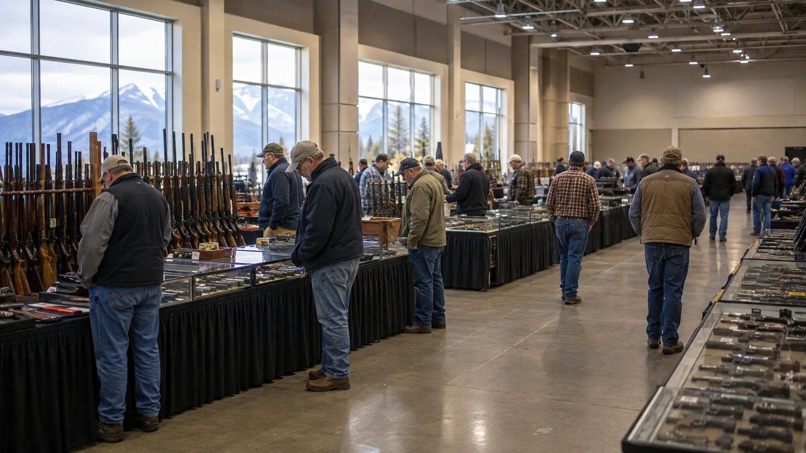 Well-organized vendor hall in Colorado prepared for a regional gun show weekend