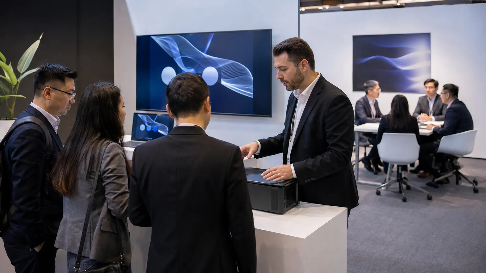 Enterprise buyers watching a technology product demonstration at a trade show booth