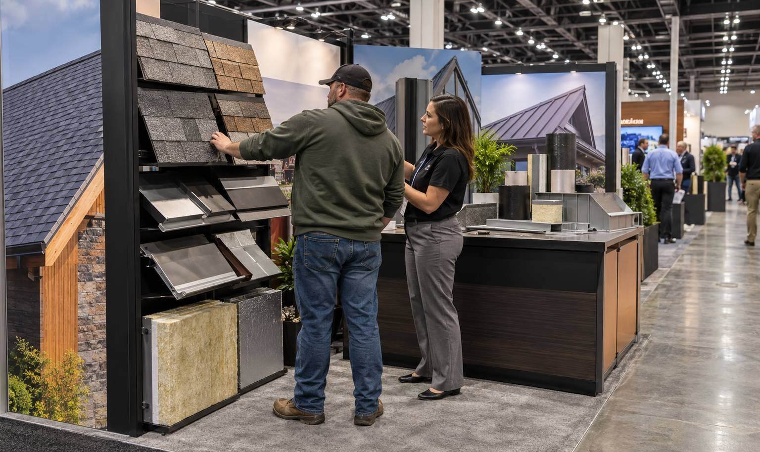 Roofing contractor comparing shingle, membrane, flashing, and insulation samples at a compact trade show booth