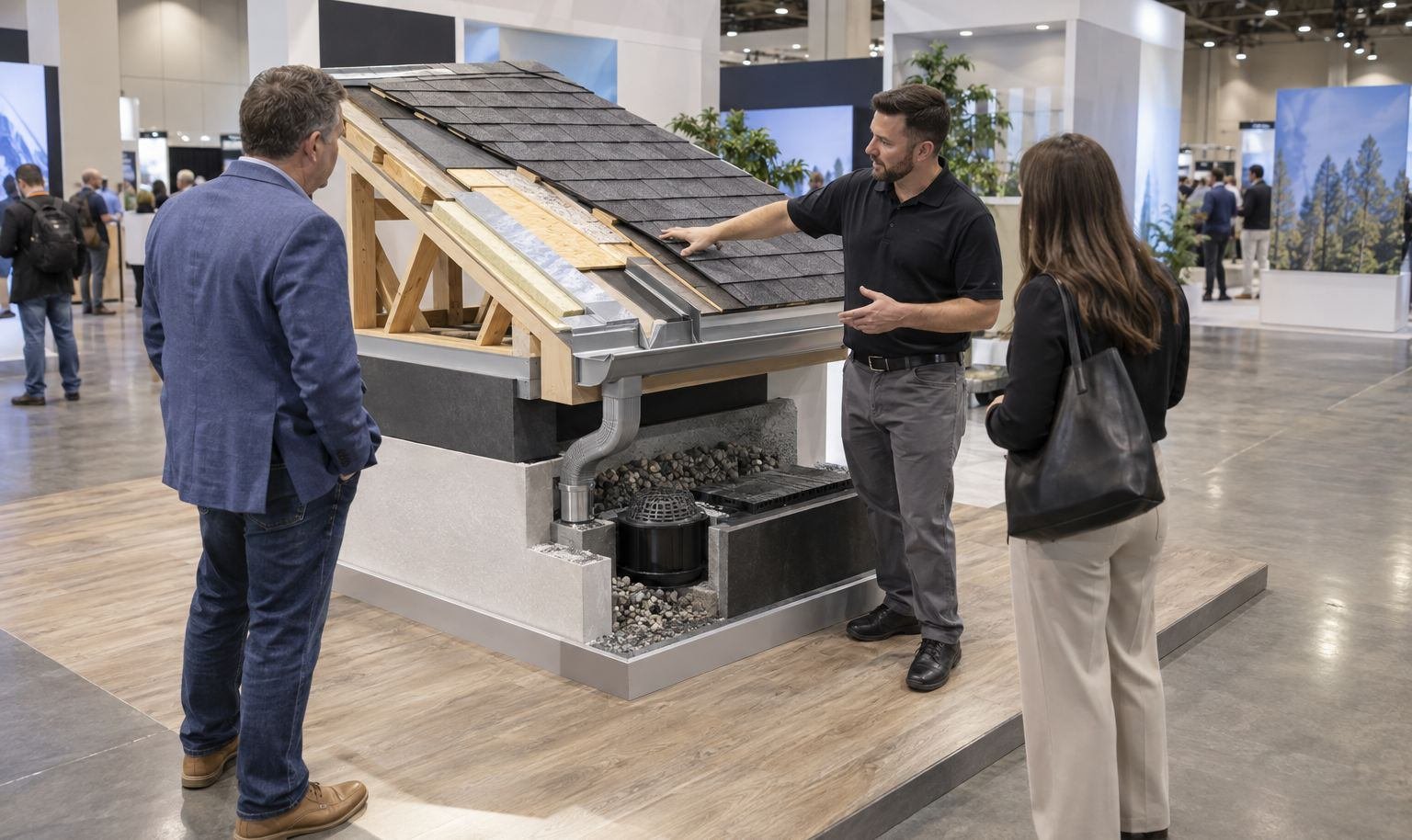 Technical representative showing a roof-system cutaway and drainage detail to visitors at an open trade show booth