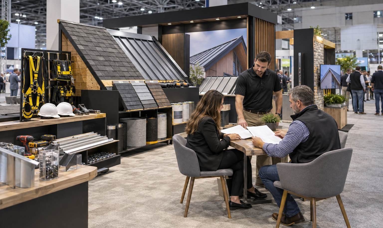 Roofing tools, safety equipment, sample panels, and contractor specification meeting in a spacious trade show booth