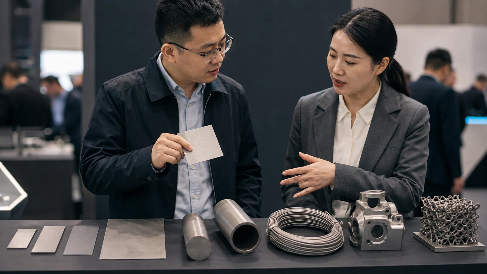 Engineer comparing titanium material forms and processing samples with a supplier