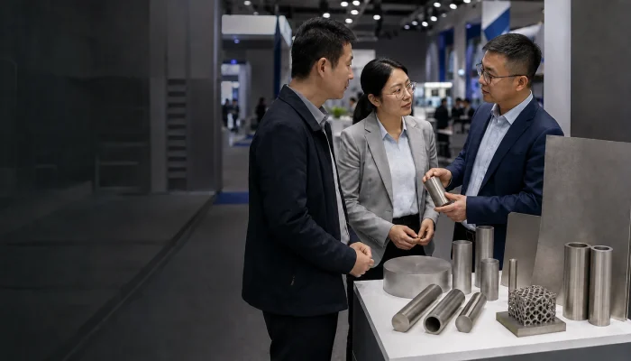 Technical professionals discussing titanium applications at an industry exhibition