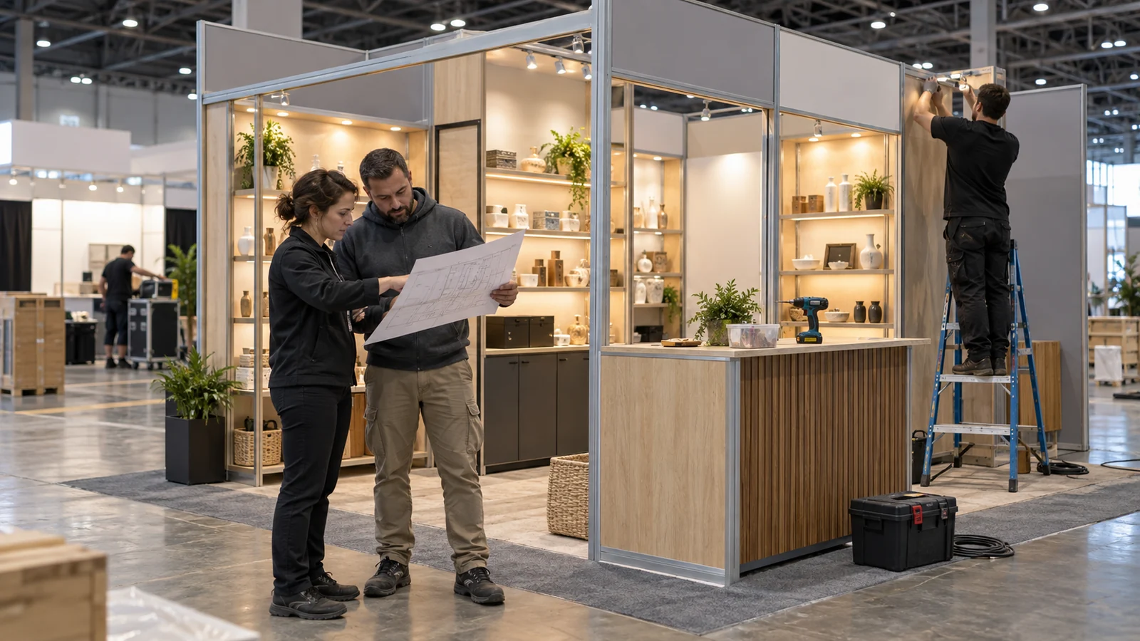 Exhibit project manager and installer reviewing a booth plan beside a gift display build