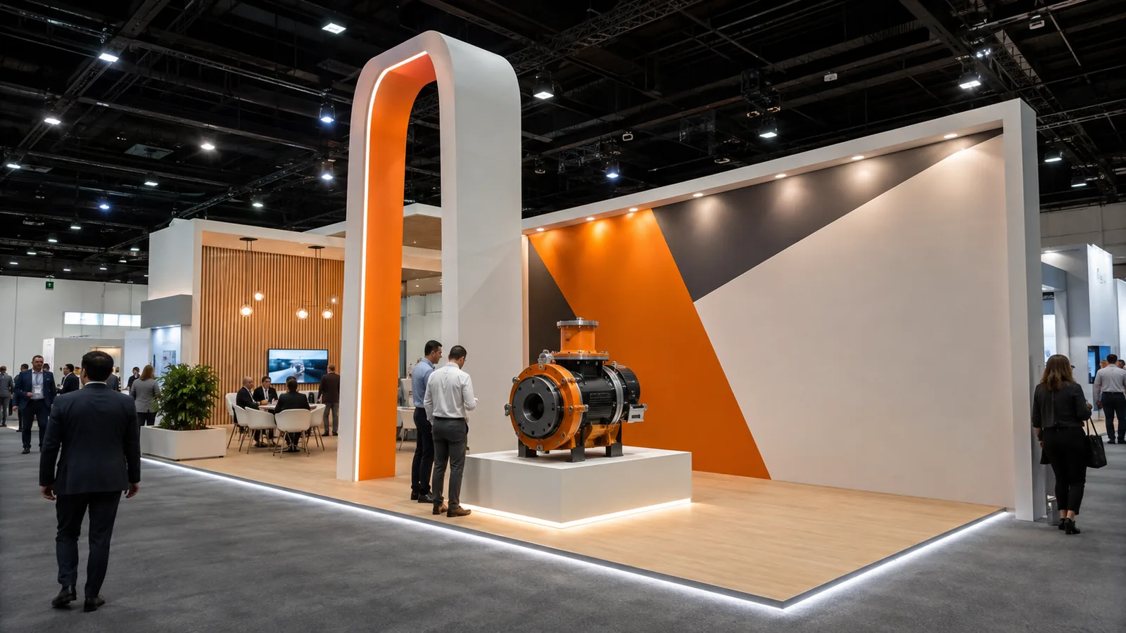 B2B trade show booth with a bold message wall and distinctive branded landmark