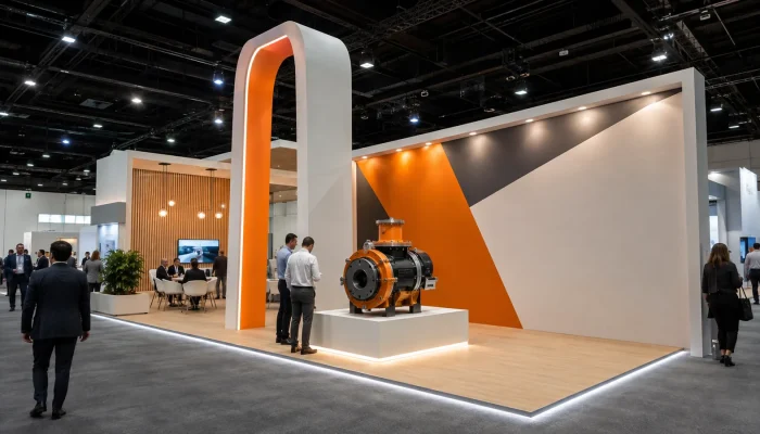 B2B trade show booth with a bold message wall and distinctive branded landmark