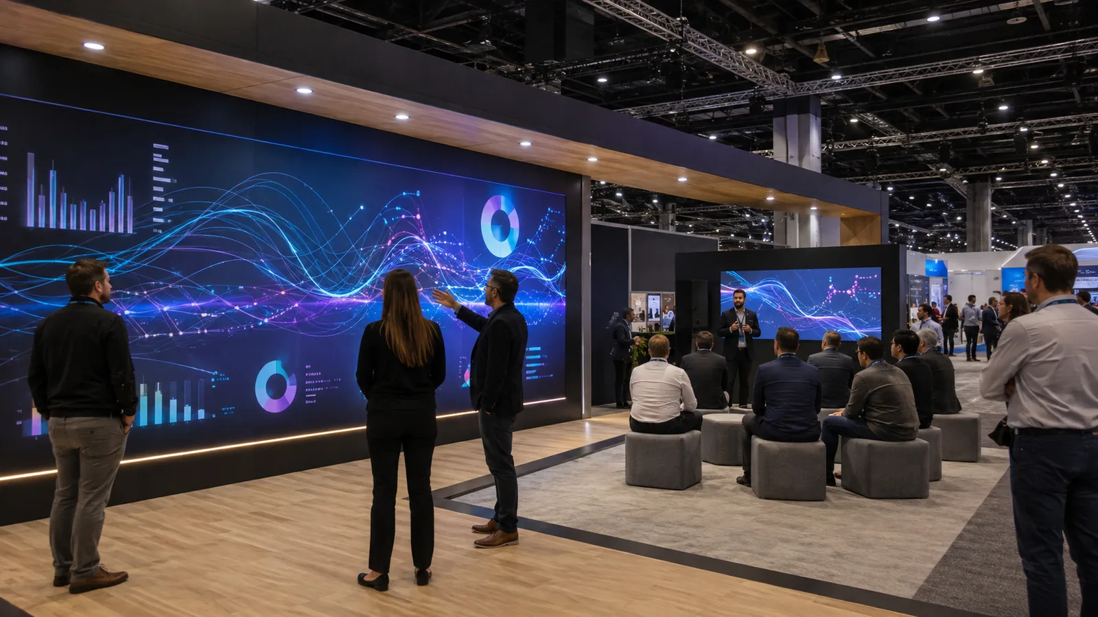 Immersive trade show booth case theater with digital data visualization and audience seating