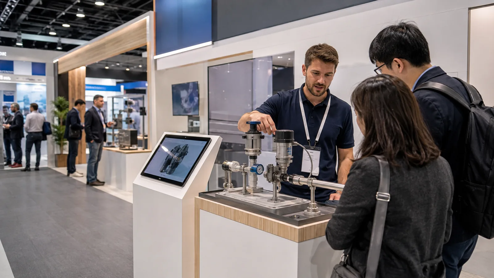 B2B trade show booth with an interactive hands-on product test station