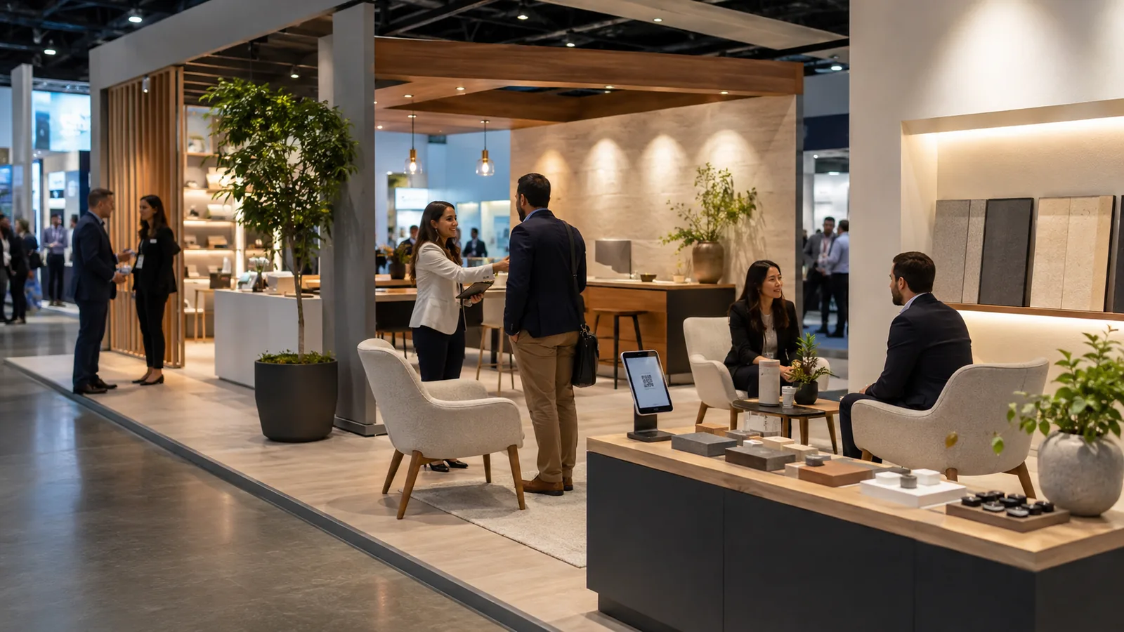 Open trade show booth meeting lounge with visible product proof and lead capture point
