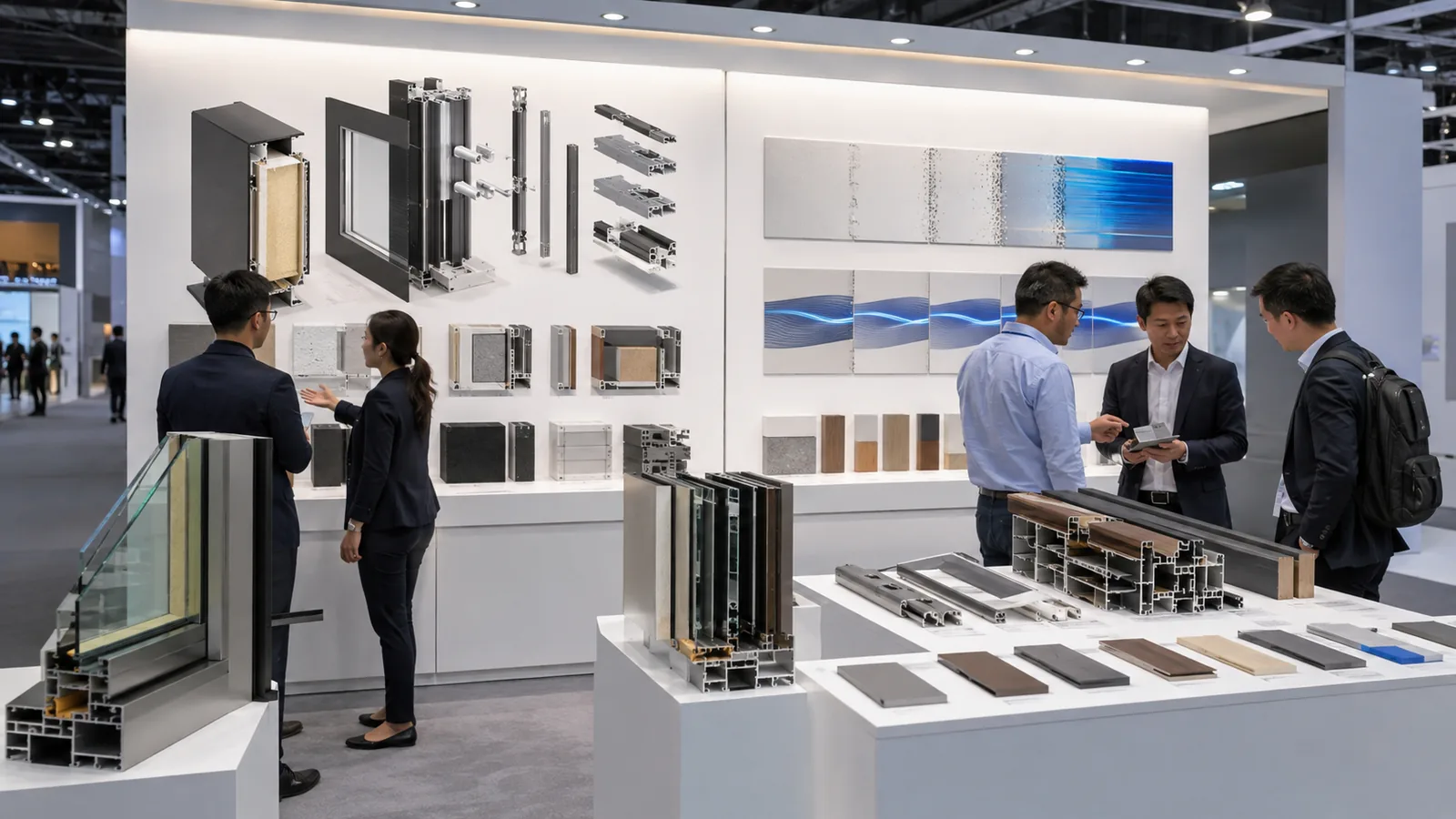 Trade show booth product proof wall with samples and a live demonstration area