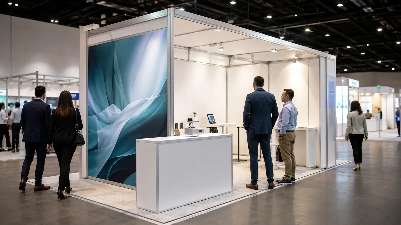 Compact modular trade show booth with a vertical backdrop and practical product display