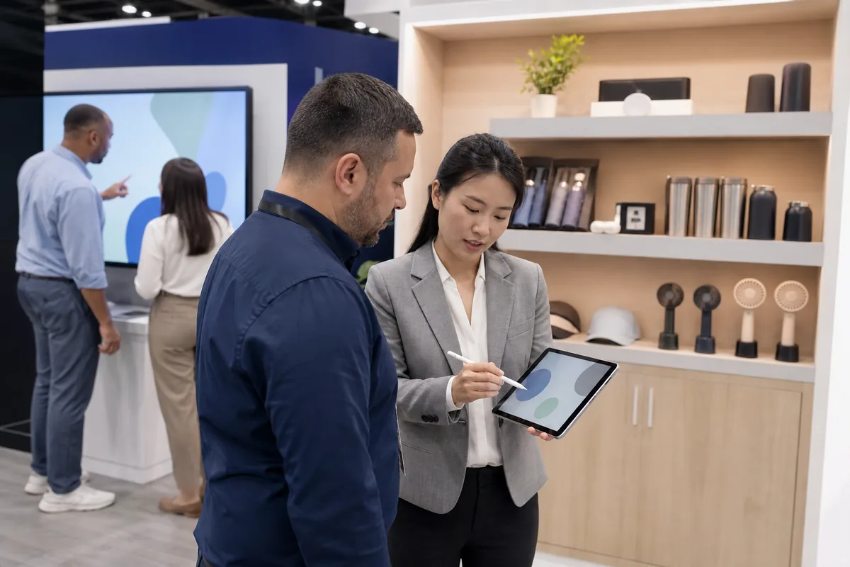 Booth representative recording a visitor follow-up on a tablet during a product demonstration